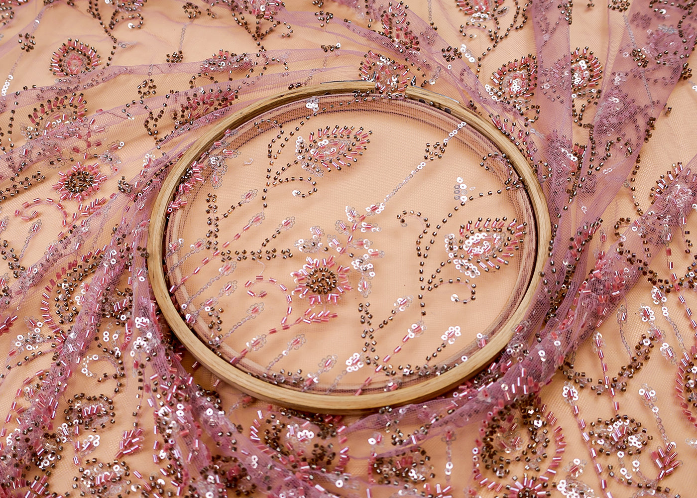 (Pre-Cut 2 MTR) Imported Net Fabric With All Over Bead And Sequins Work And One Side Heavy Border 17619