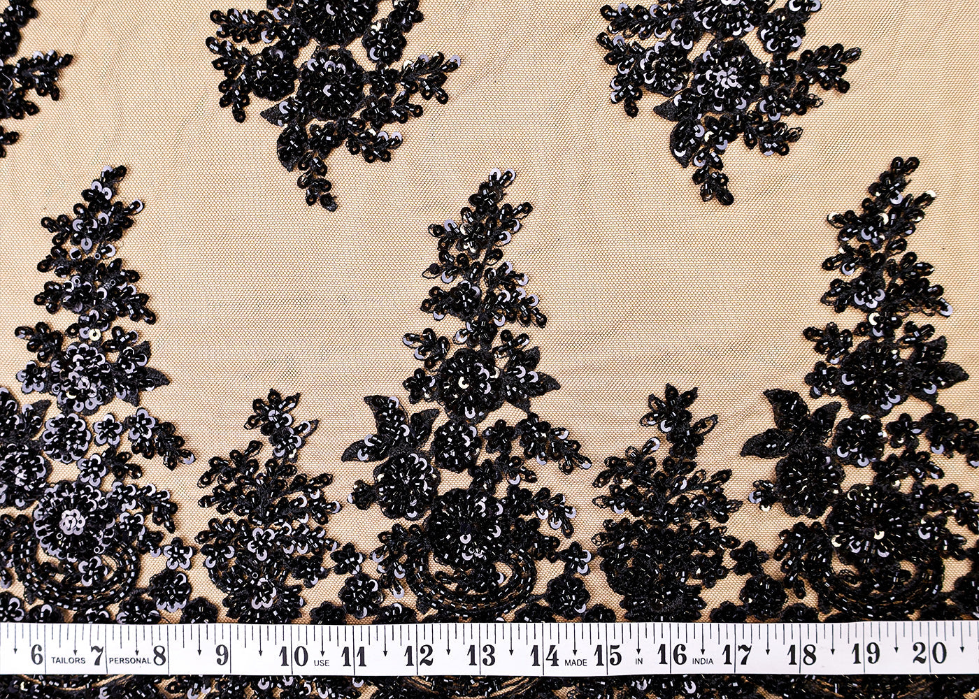 (Pre-Cut 0.8 MTR) Black Imported Net Fabric With All Over Bead And Sequins Work With Scalloped Boders 17620
