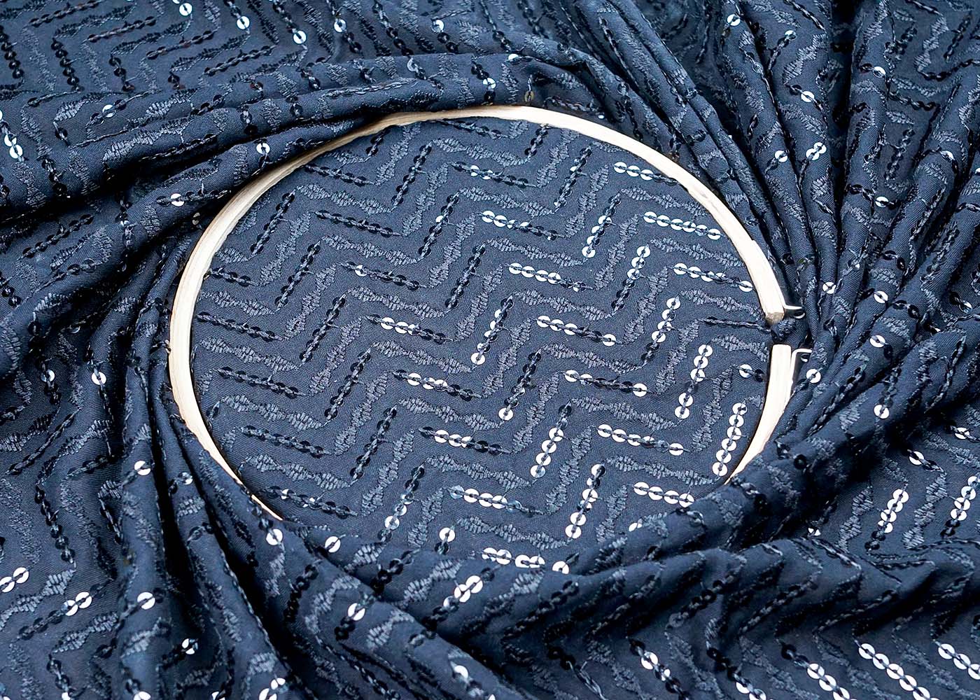 ( Pre-Cut 1.5 MTR) Black Rayon Fabric With All Over Thread And Sequins Work 17621