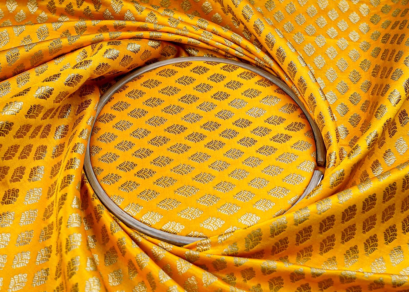 ( Pre-Cut 1.5 MTR) Yellow Banarasi Brocade Fabric With All Over Golden Zari Handloom 17624