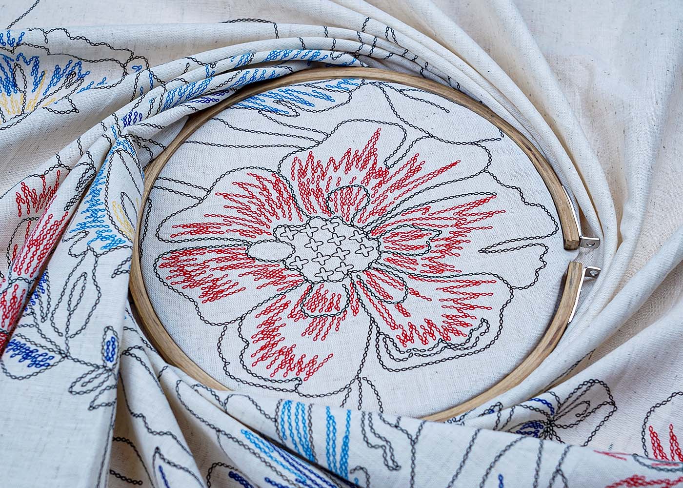 ( Pre-Cut 1 MTR) Off White Cotton Flex Fabric With One Side Threadwork Border 17628