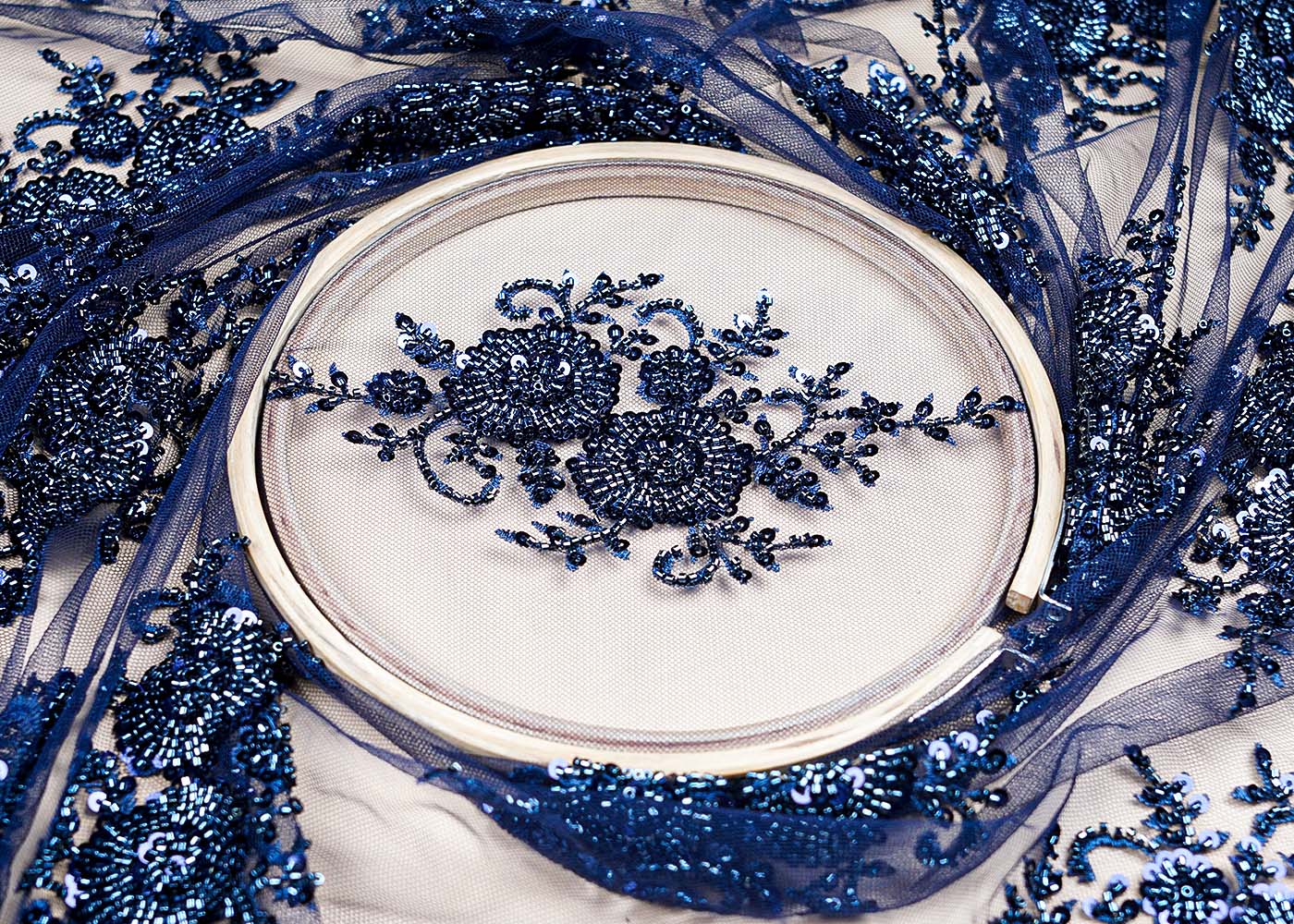 ( Pre-Cut 1.5 MTR) Navy Blue Net Fabric With All Over Sequins And Bead Work With Two Side Border 17631
