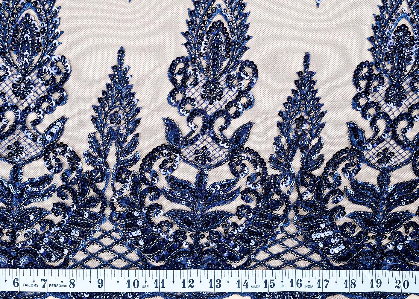 ( Pre-Cut 1.5 MTR) Navy Blue Net Fabric With All Over Sequins And Bead Work With Two Side Border 17631