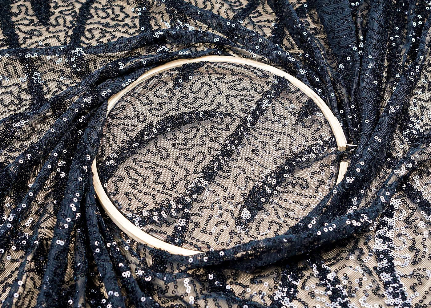 ( Pre-Cut 1 MTR) Black Net Fabric With All Over Sequins Work 17632