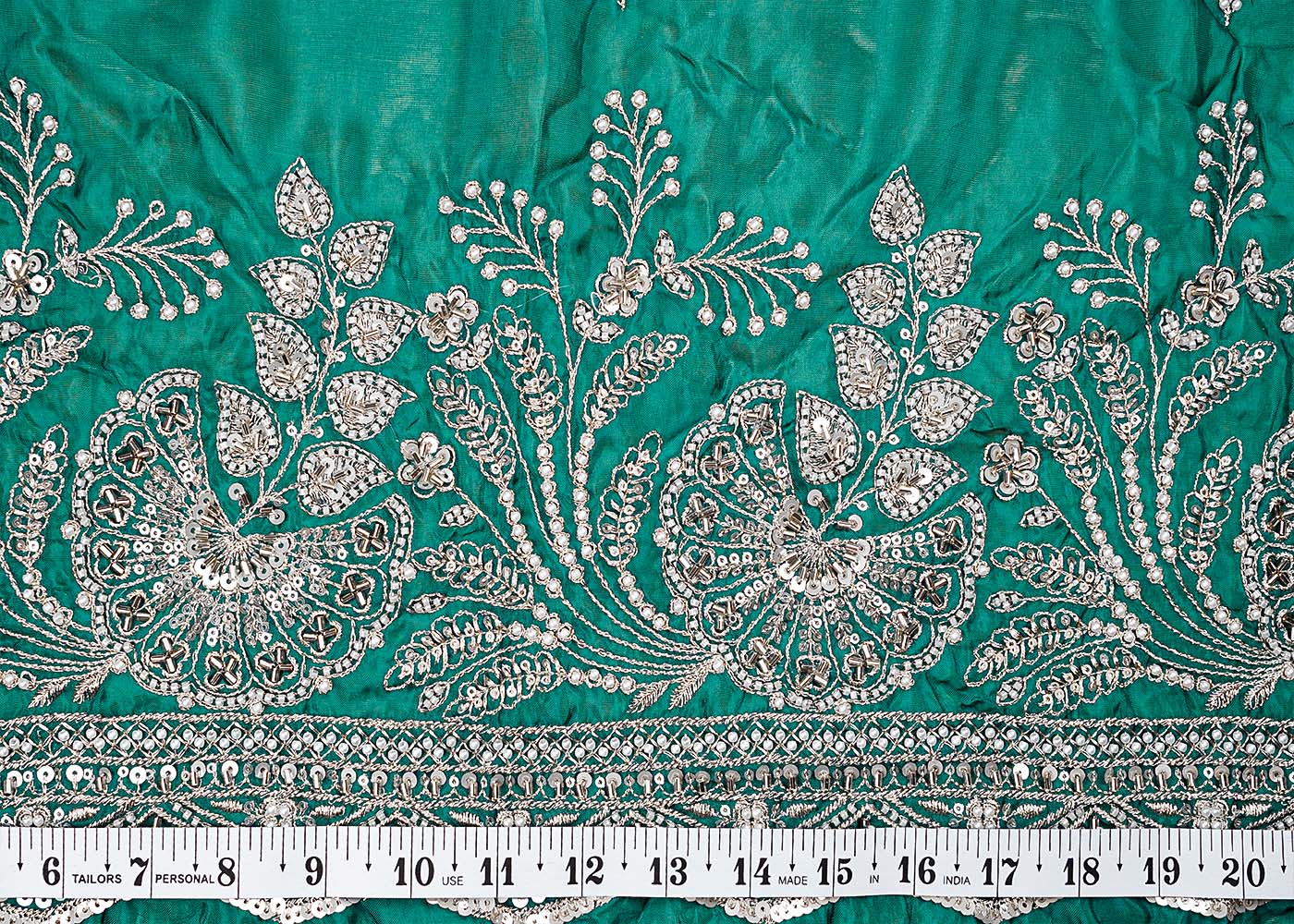 ( Pre-Cut 1 MTR) Dark Green Organza Fabric With All Over Zari Seuins And Katdana Work With One Side Heavy Border 17637