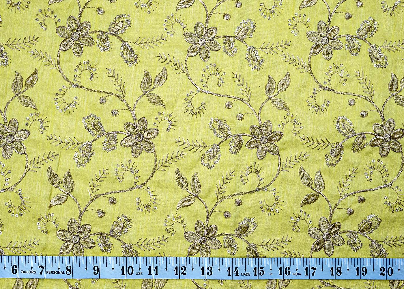 ( Pre-Cut 1 MTR) Lemon Yellow Dupion Silk Fabric With All Over Golden Zari And Sequins Work 17640