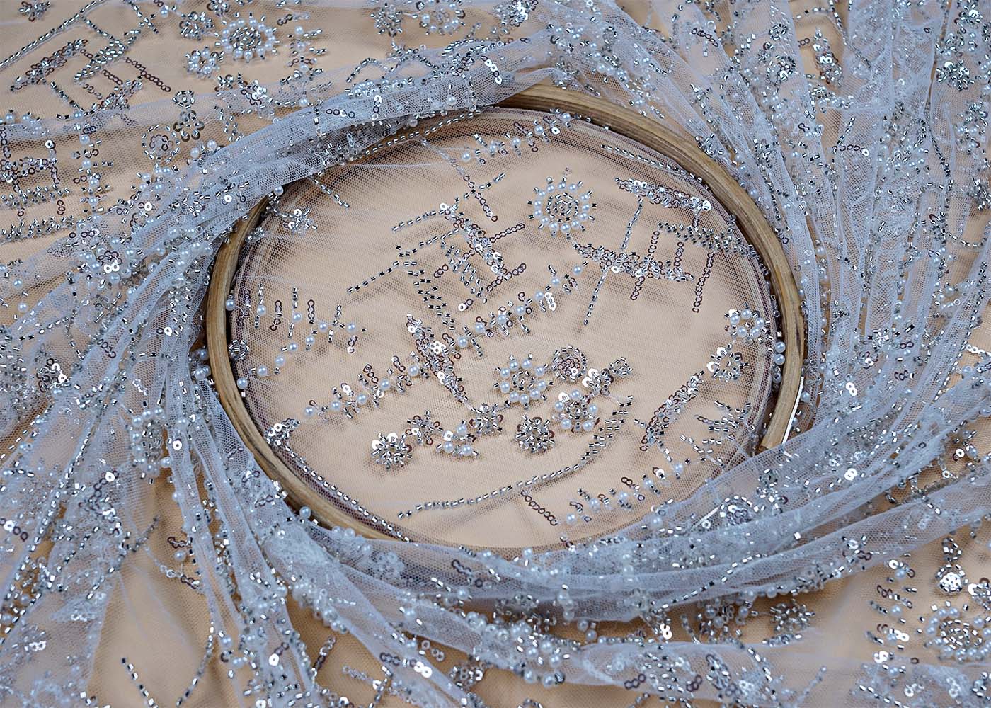 ( Pre-Cut 1.6 MTR) White Net Fabric With All Over Sequins And Bead Work 17643