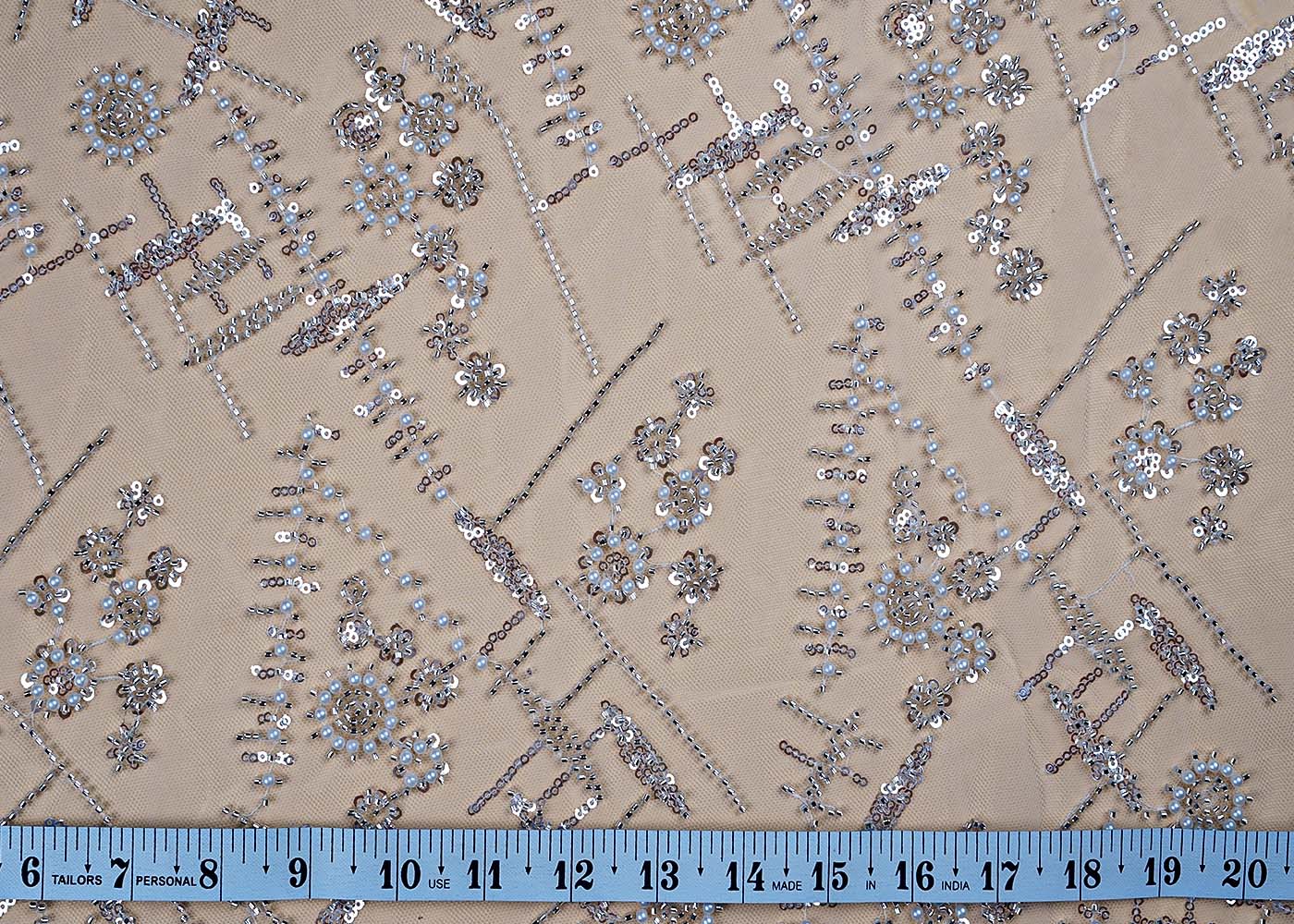 ( Pre-Cut 1.6 MTR) White Net Fabric With All Over Sequins And Bead Work 17643