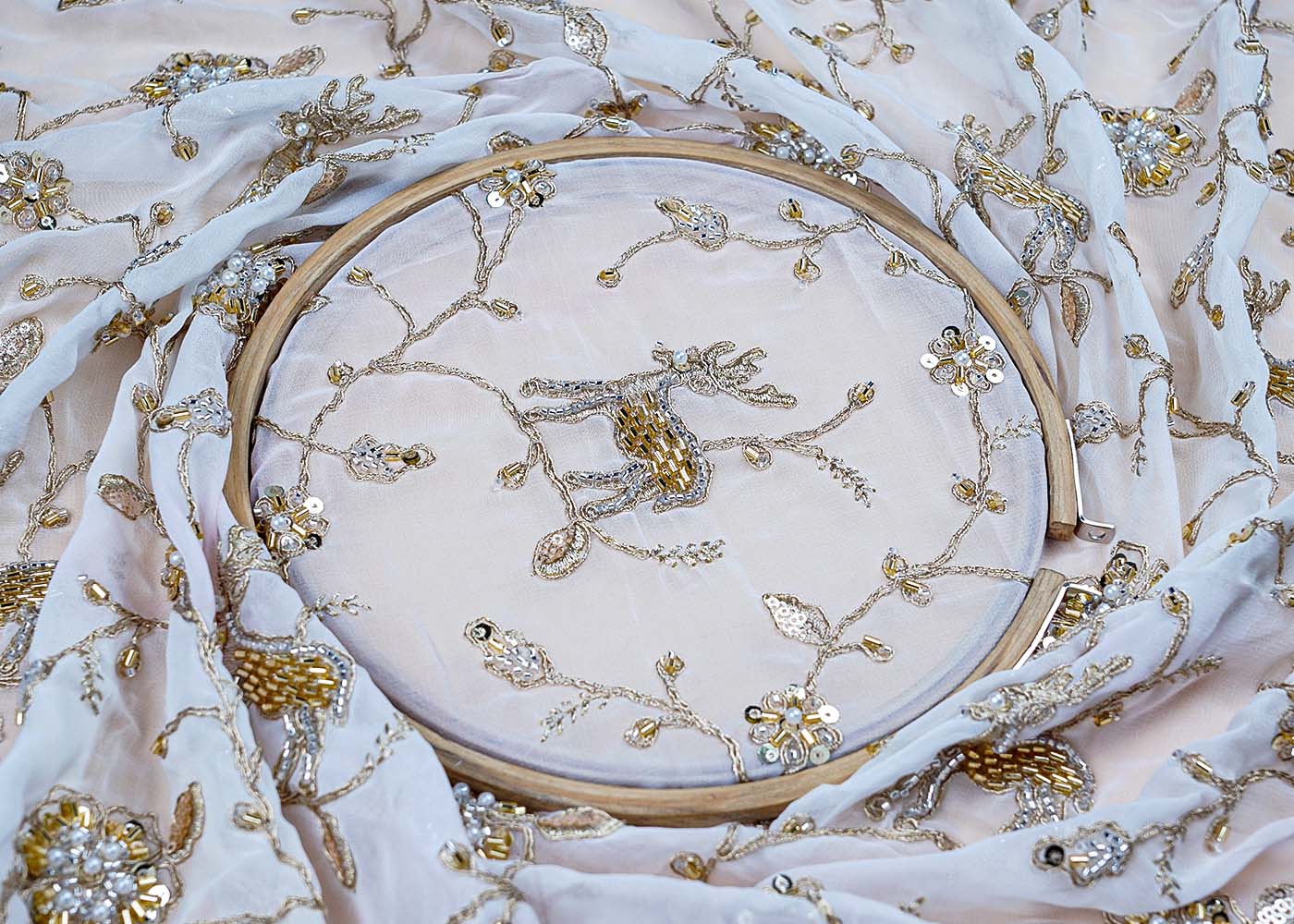 ( Pre-Cut 1 MTR) White Georgette Fabric With All Over Katdana Zari And Sequins Work 17649