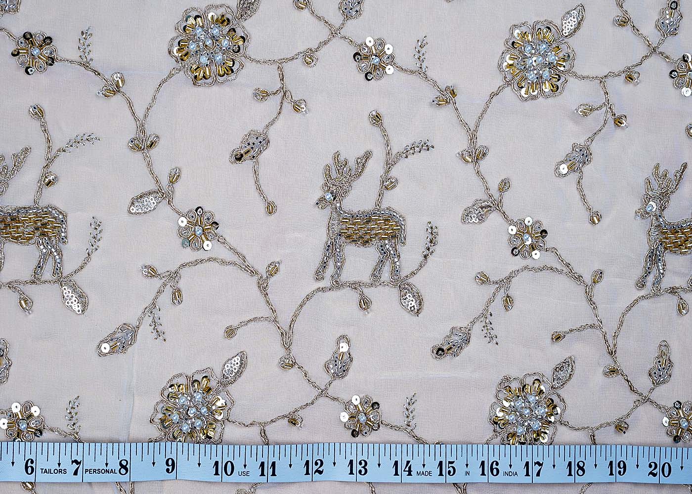 ( Pre-Cut 1 MTR) White Georgette Fabric With All Over Katdana Zari And Sequins Work 17649