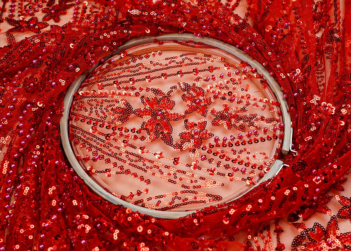( Pre-Cut 1 MTR) Red Imported Net Fabric With All Over Pearl And Sequins Work 17652