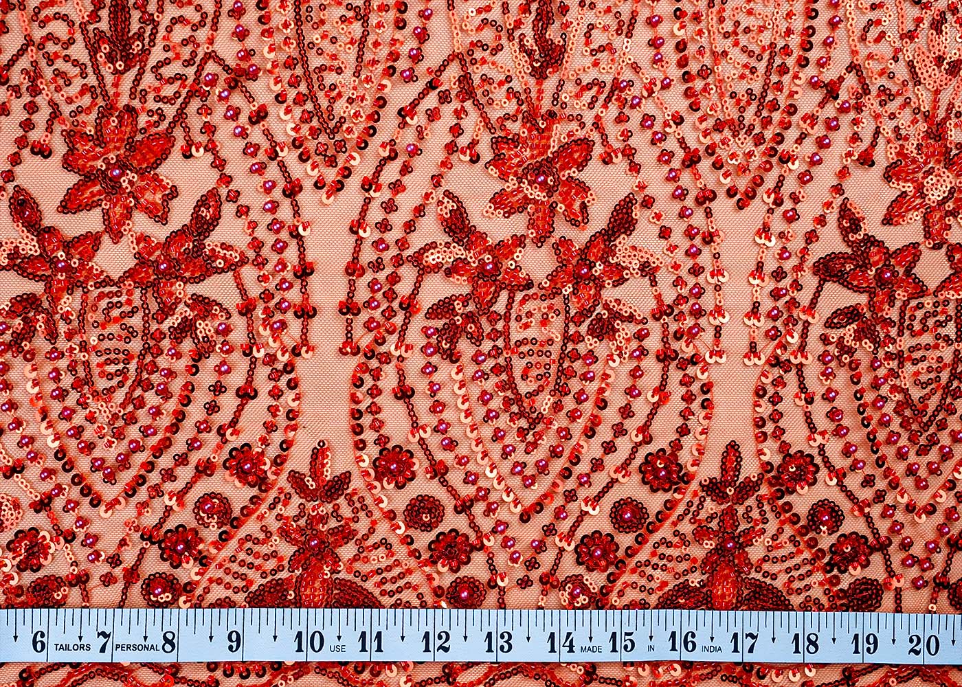 ( Pre-Cut 1 MTR) Red Net Fabric With All Over Pearl And Sequins Work 17652