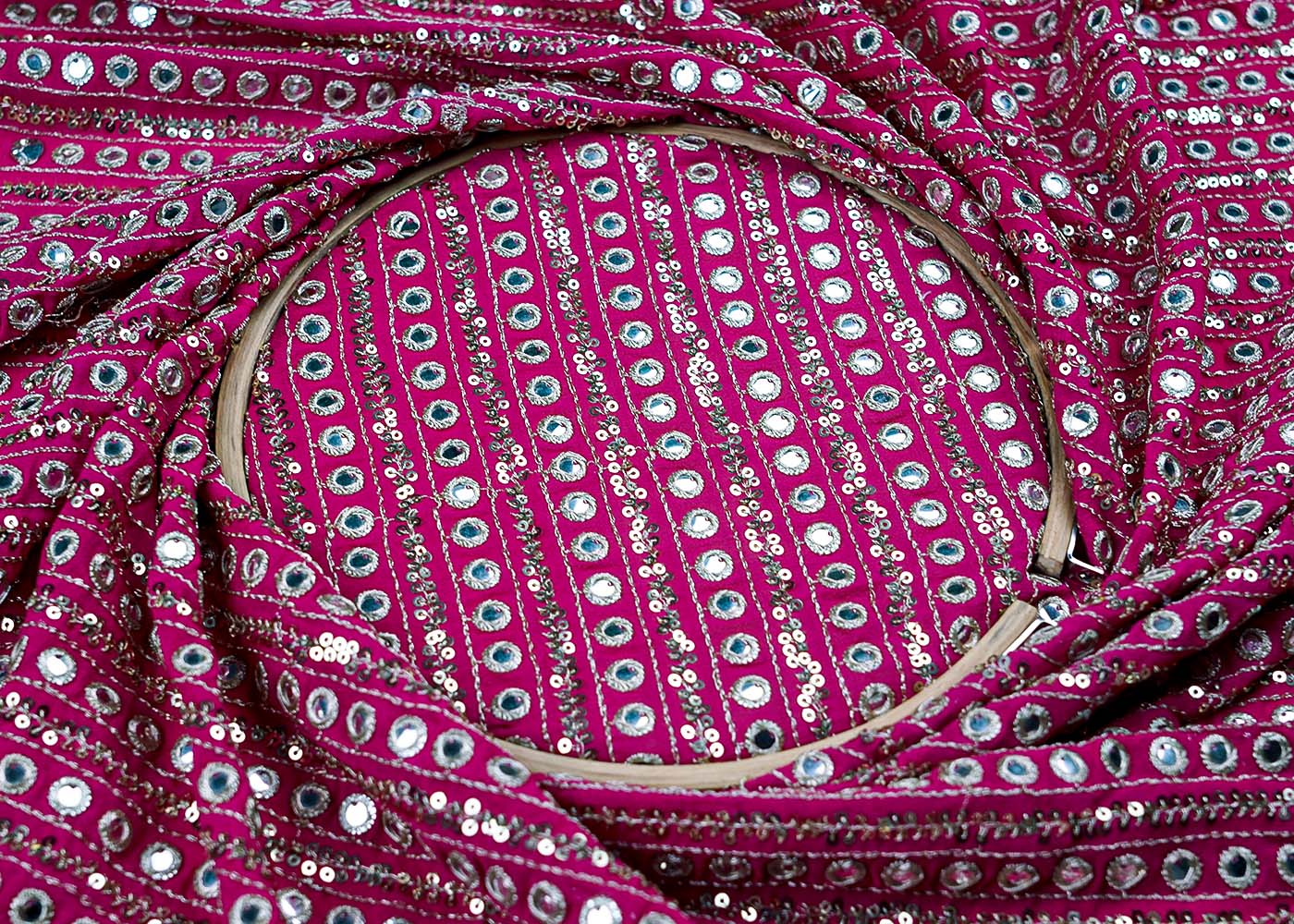 ( Pre-Cut 2 MTR ) Magenta Georgette Fabric With Allover Faux Mirror Sequins And Zari Work 17655