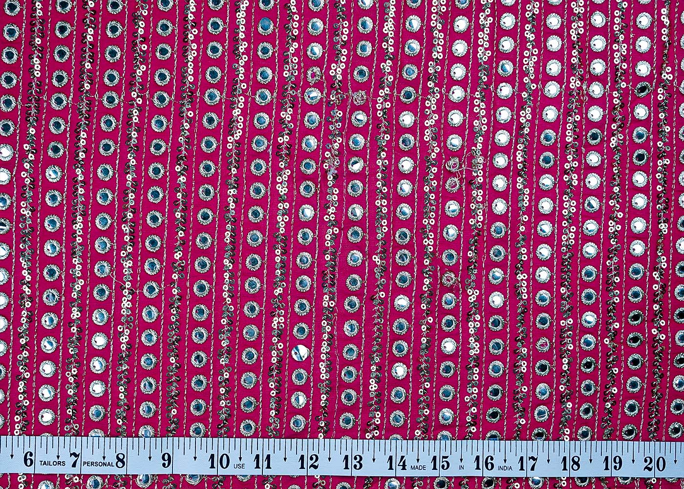 ( Pre-Cut 2 MTR ) Magenta Georgette Fabric With Allover Faux Mirror Sequins And Zari Work 17655