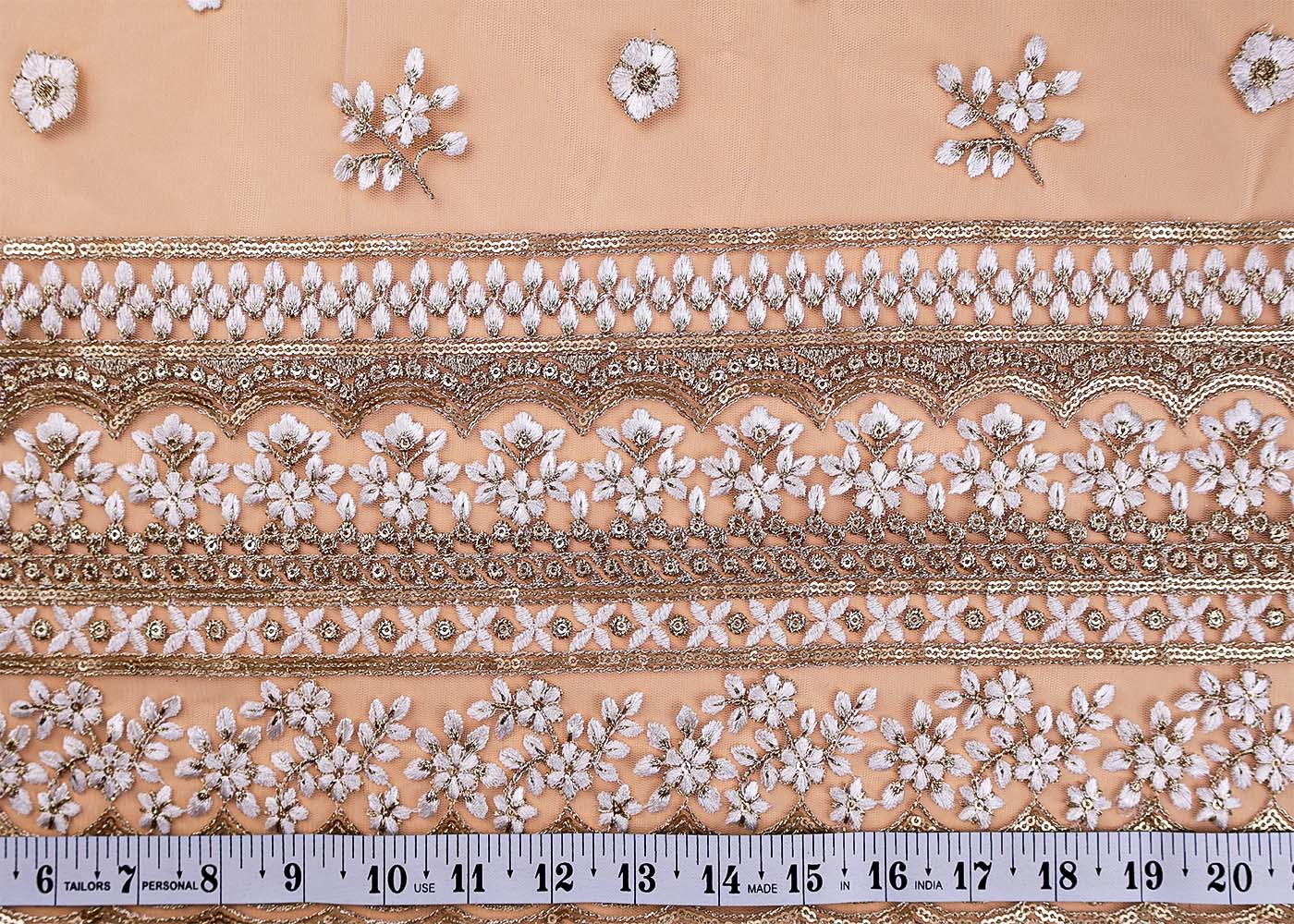 (Pre-Cut 2.2 Mtr ) White Imported Net Fabric With All Over Thread And Zari Work 17664