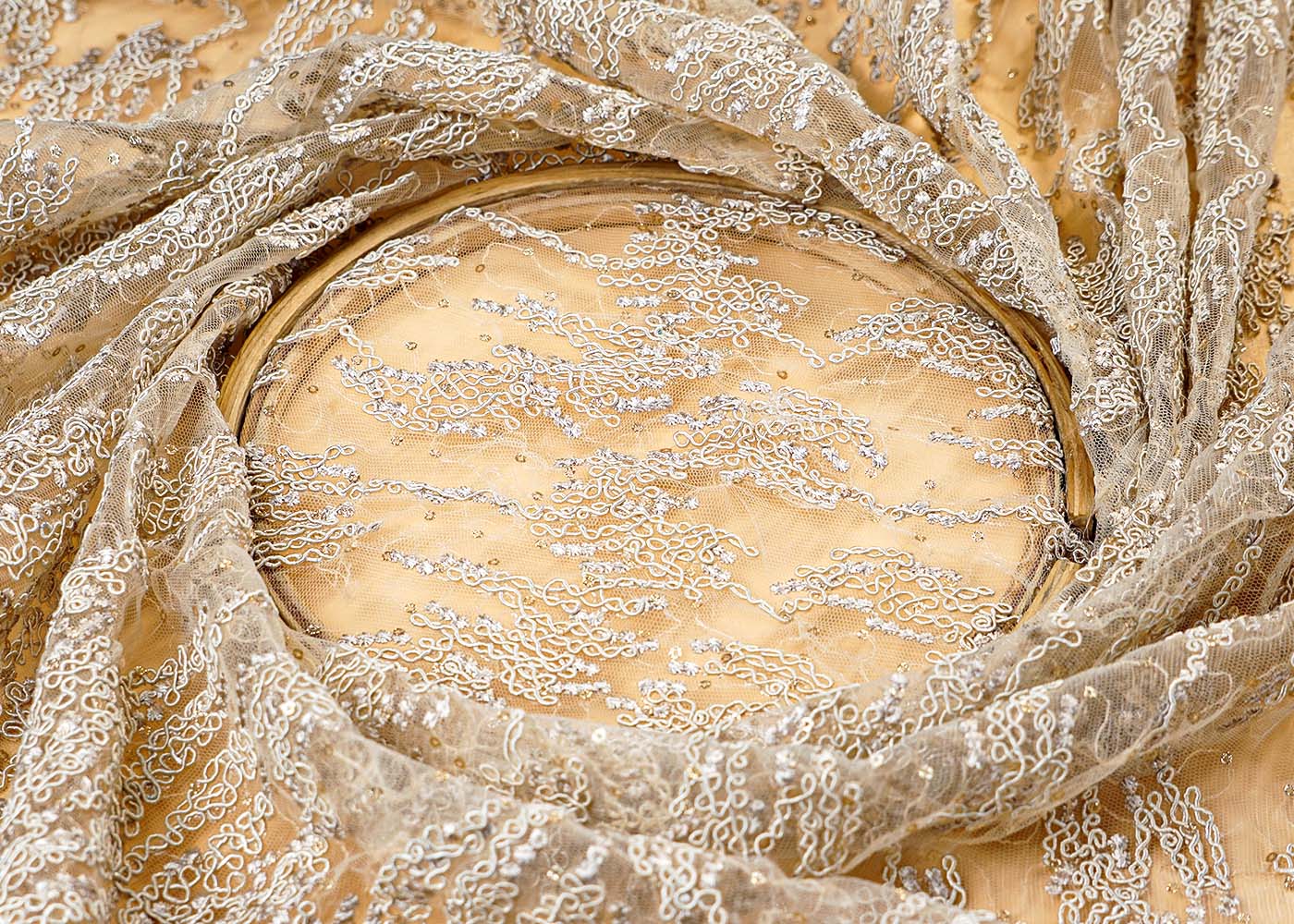 ( Pre-Cut 1.9 MTR) Beige Fabric With All Over Thread And Sequins Work With Two Side Scalloped Borders 17679