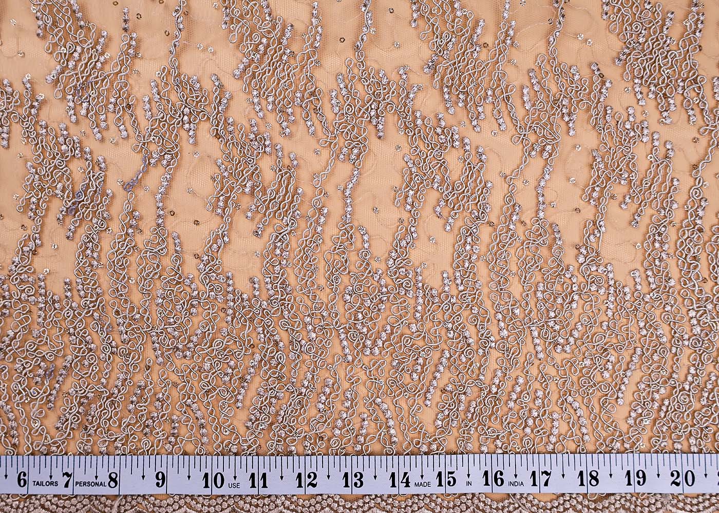 ( Pre-Cut 1.9 MTR) Beige Fabric With All Over Thread And Sequins Work With Two Side Scalloped Borders 17679