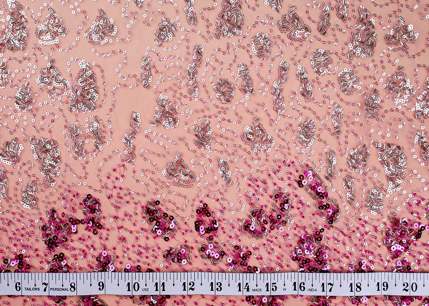 ( Pre-Cut 1.3 MTR) Ice Blue And Pink Ombre Fabric With All Over Sequins And Katdana Work With One Side Heavy Border 17691