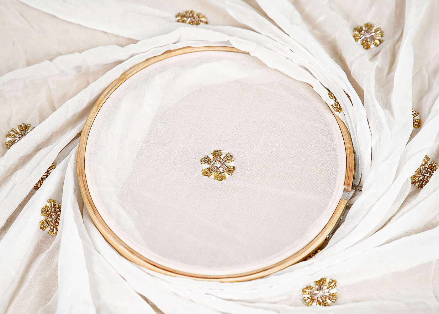 (Pre-Cut 2.5 MTR MTR) White Georgette Fabric With Fabric With All Over Beads And Sequins Work 17709
