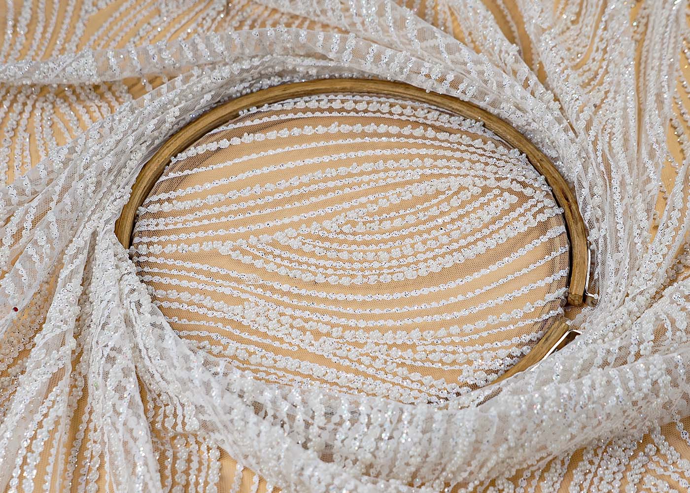 (Pre-Cut 2.55 MTR) White Imported Net Fabric With All Over Gliter Work 17722