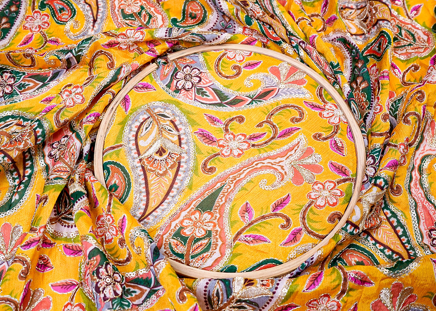 ( Pre-Cut 2 MTR) Yellow Fabric With All Over Zari And Sequins Work 17724