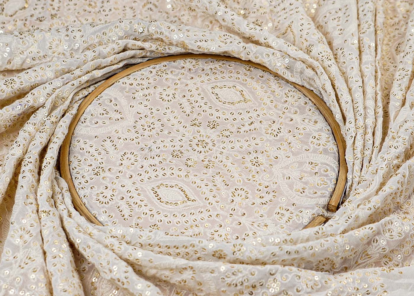 (Pre-Cut 2 Mtr ) White Georgette Fabric With All Over Thread And Sequins Work 17725