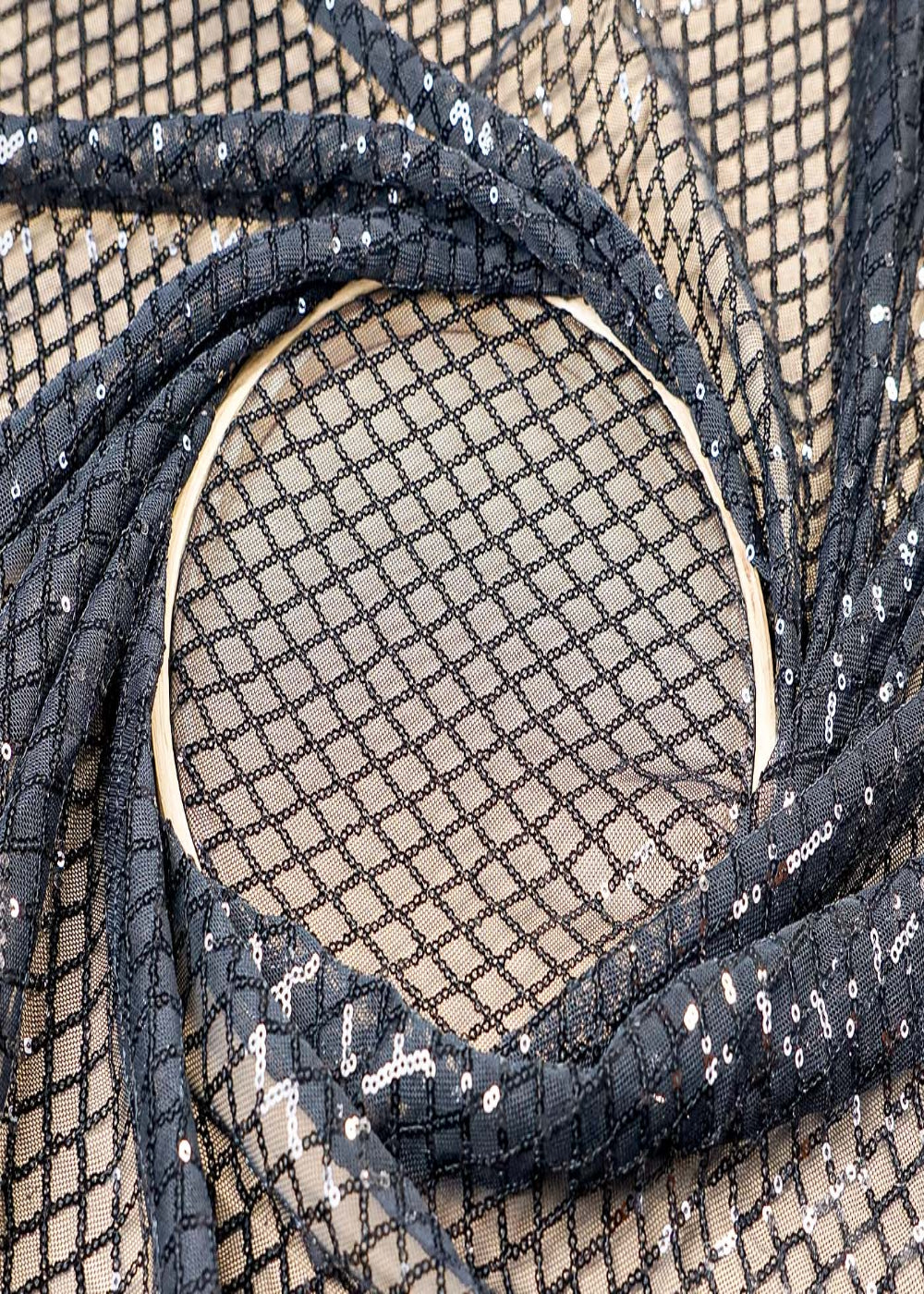 (Pre-Cut-1.9-MTR)-Black-Fabric-With-All-Over-Sequins-Work-17726