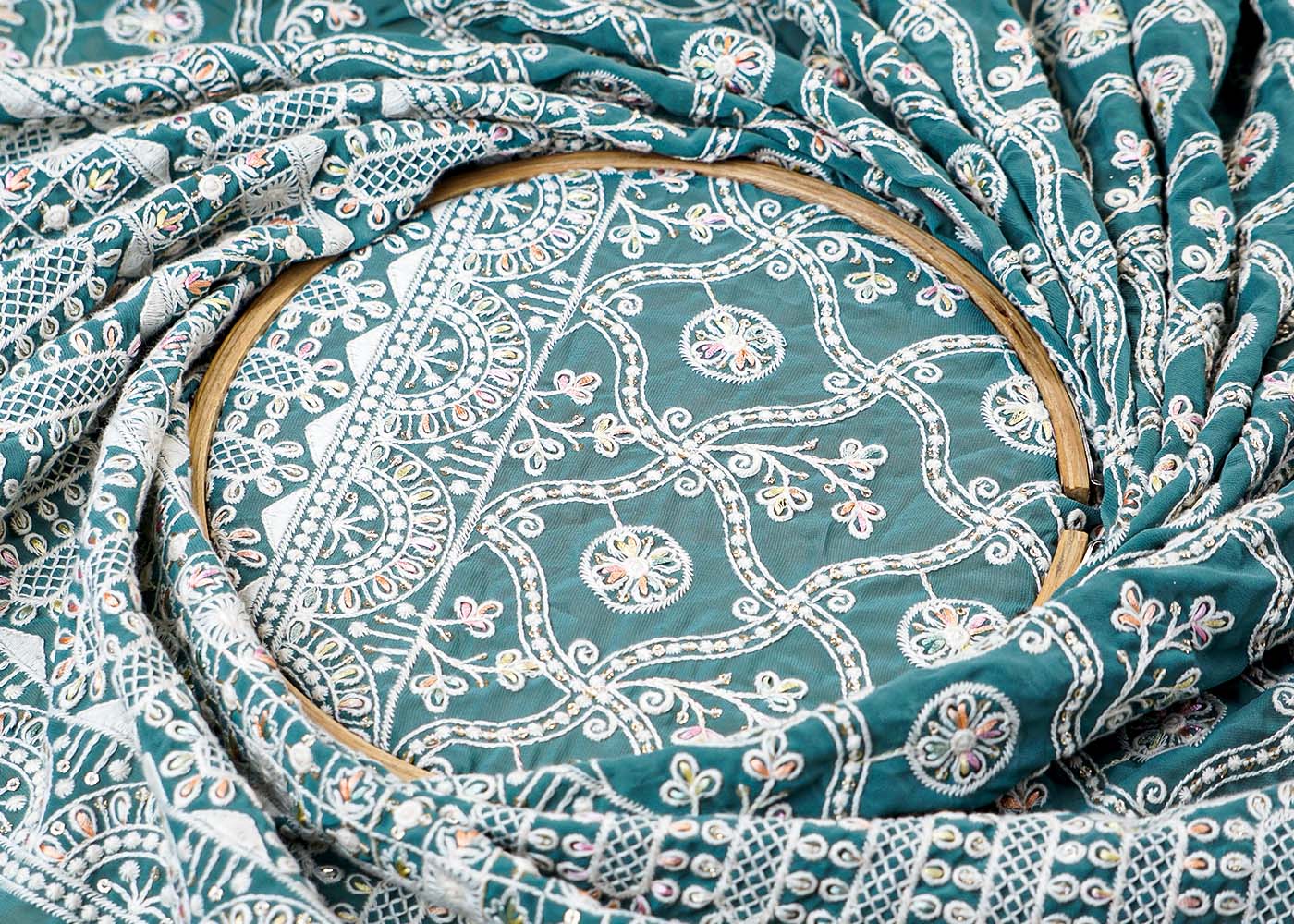 (Pre-Cut 1.75 Mtr ) Aqua Green Georgette Fabric With All Over Thread And Sequins Work 17731