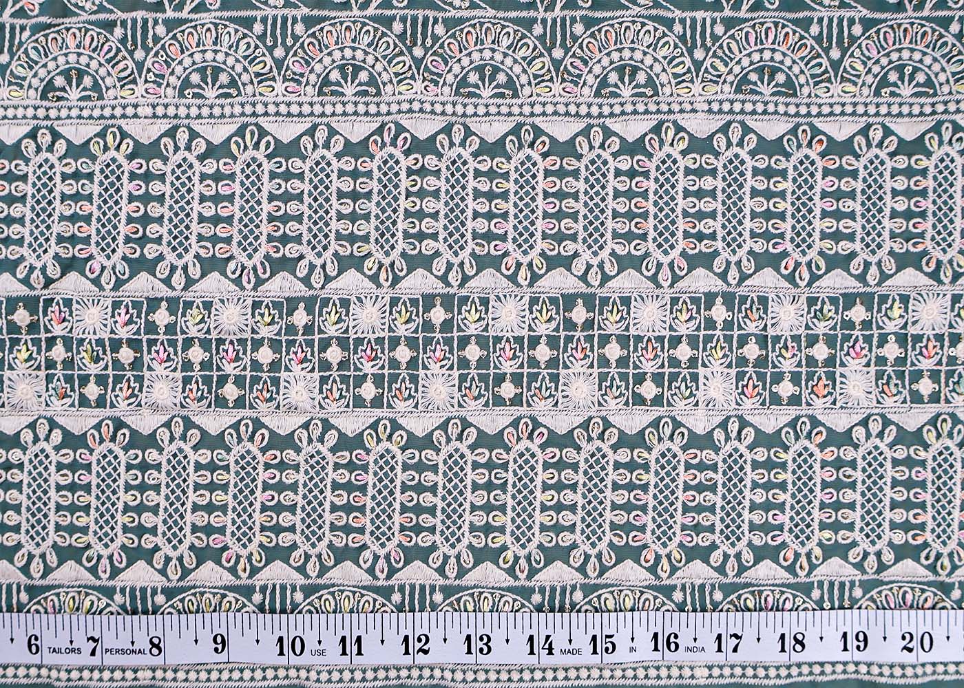 (Pre-Cut 1.75 Mtr ) Aqua Green Georgette Fabric With All Over Thread And Sequins Work 17731