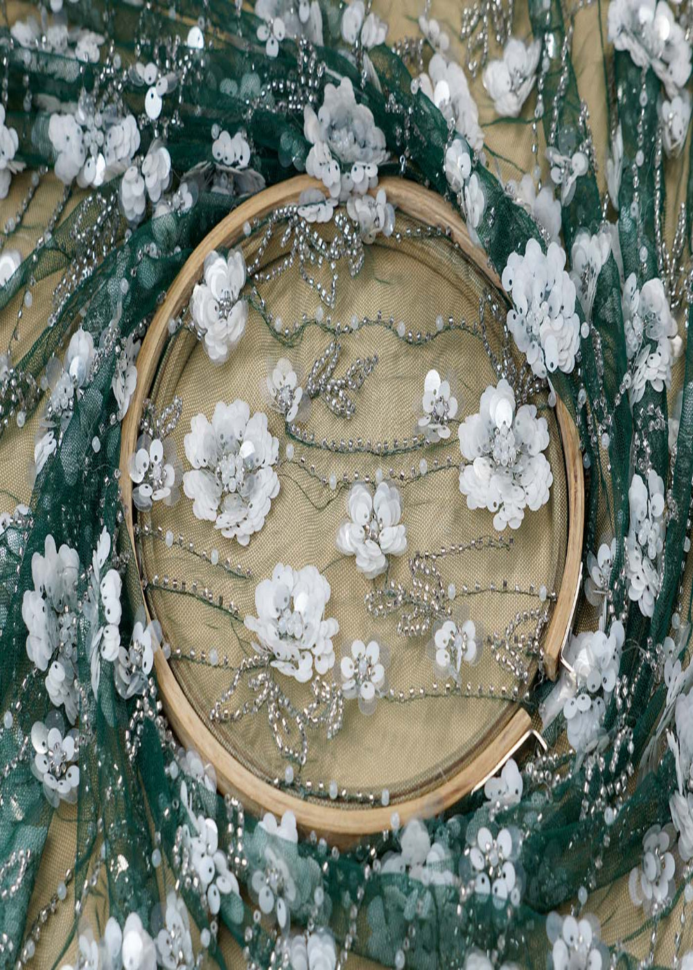 (Pre-Cut-2.4-MTR)-Green-Fabric-With-All-Over-Sequins-And-Bead-Work-17736