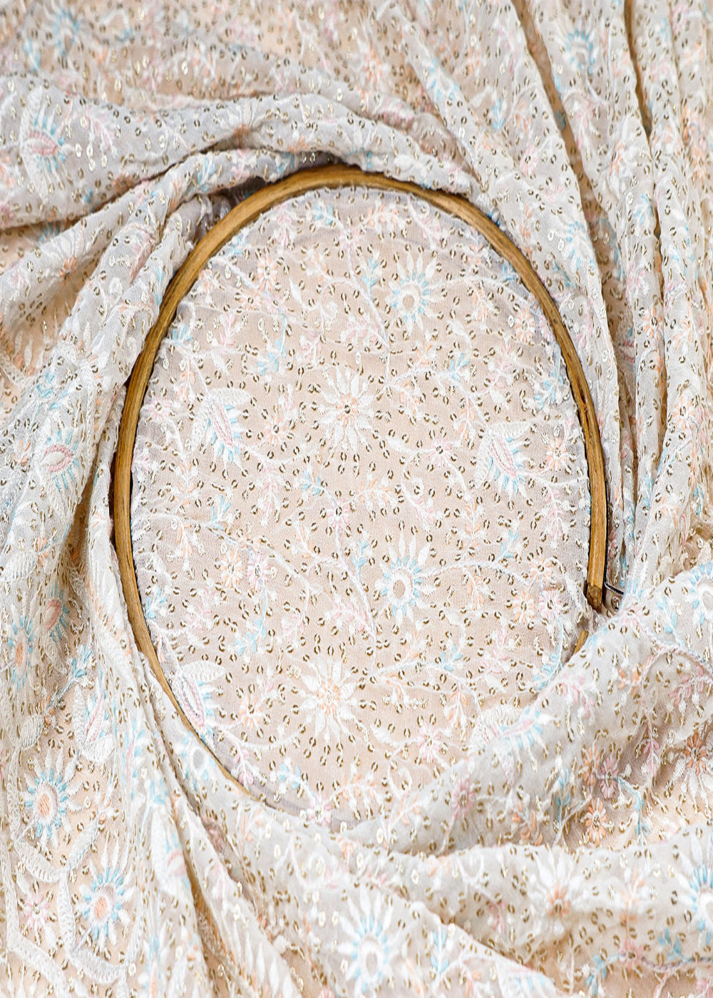(Pre-Cut-2.3-Mtr)-White-Georgette-Fabric-With-All-Over-Thread-And-Sequins-Work-With-One-Side-Scalloped-Border-17740