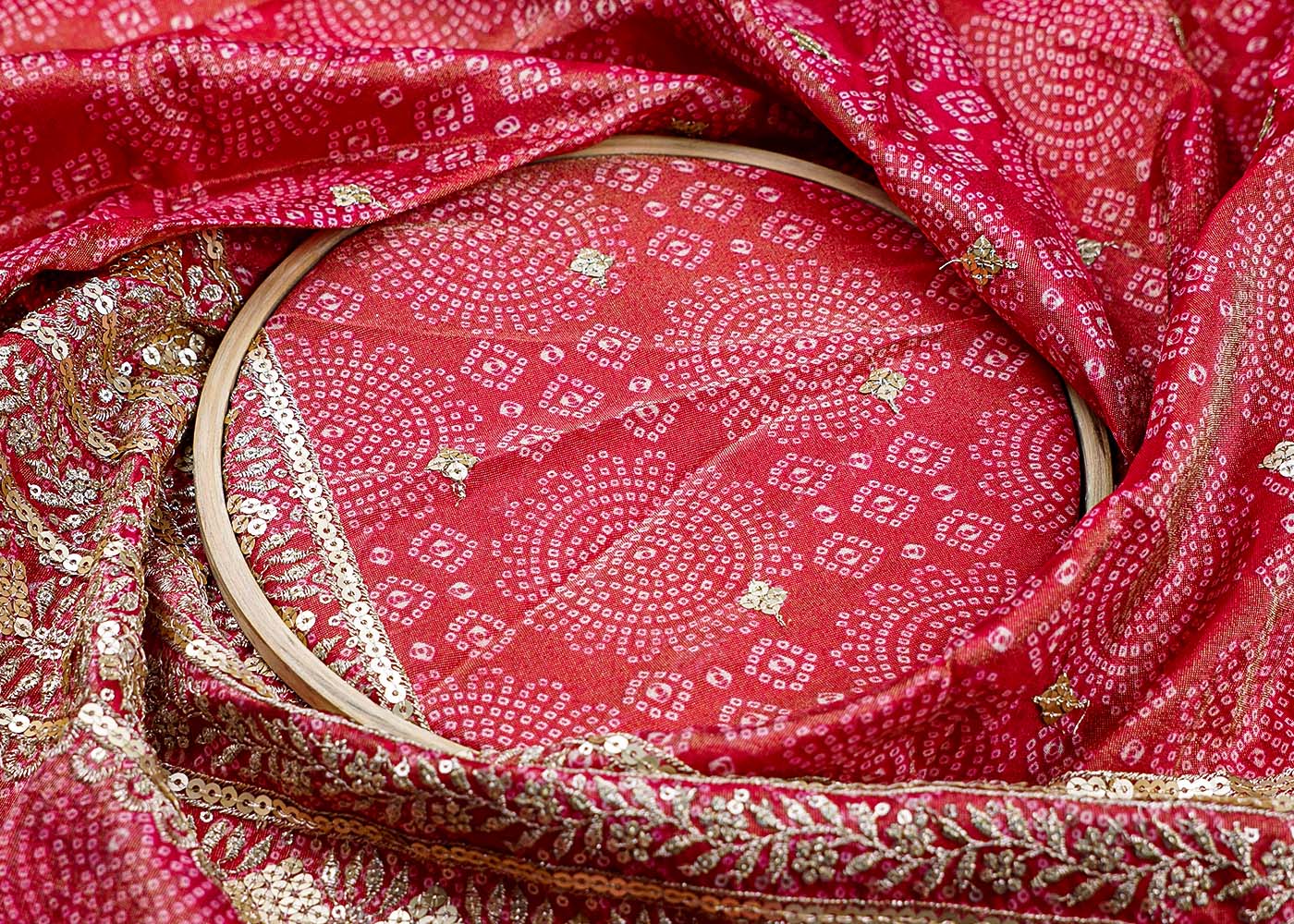 ( Pre-Cut 1.2 MTR) Pink Tissue Fabric With All Over Sequins Work With One Side Heavy Border 17742