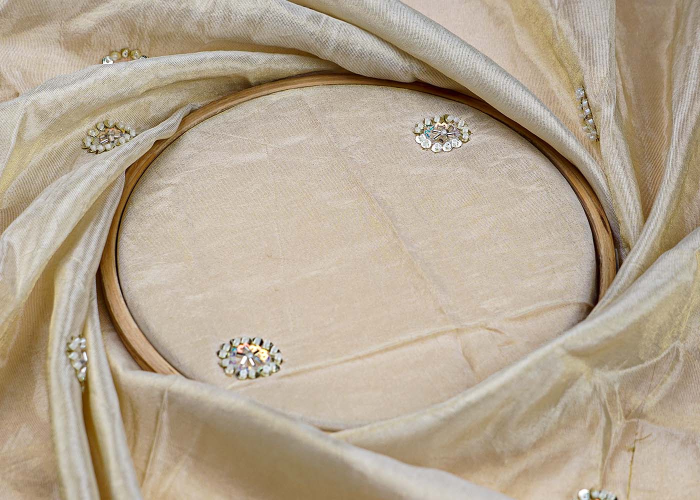 ( Pre-Cut 0.95 MTR) Golden Fabric With All Over Sequins And Bead Work 17743