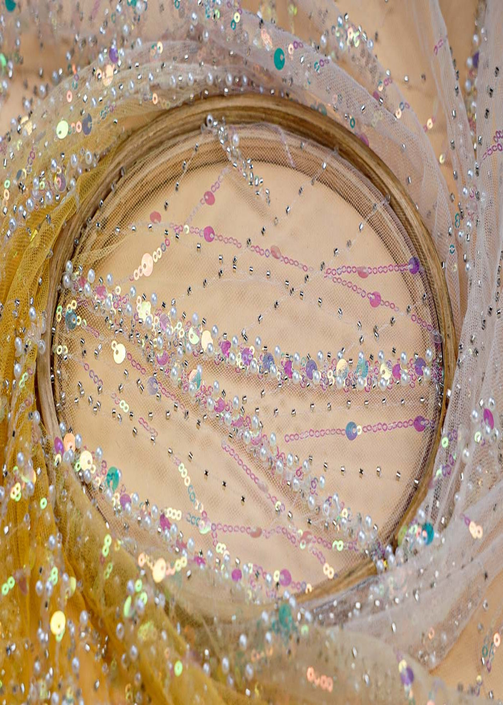 (Pre-Cut-1.6-MTR)-Yellow-Imported-Net-Fabric-With-All-Over-Katdana-Peral-And-Rainbow-Sequins-17744