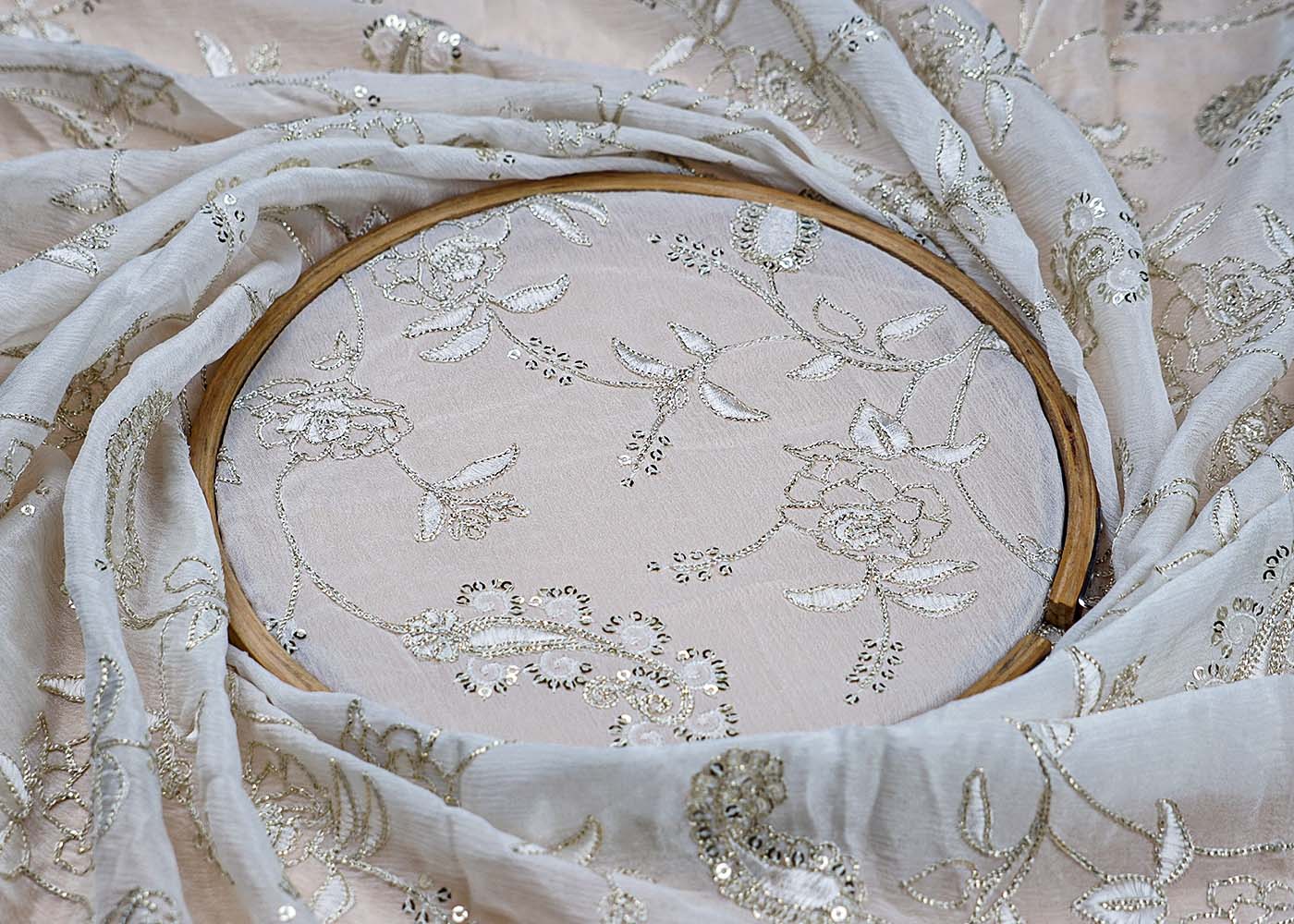 (Pre-Cut 2.75 MTR) White Chinon Chiffon Fabric With All Over Thread Zari And Sequins Work 17745