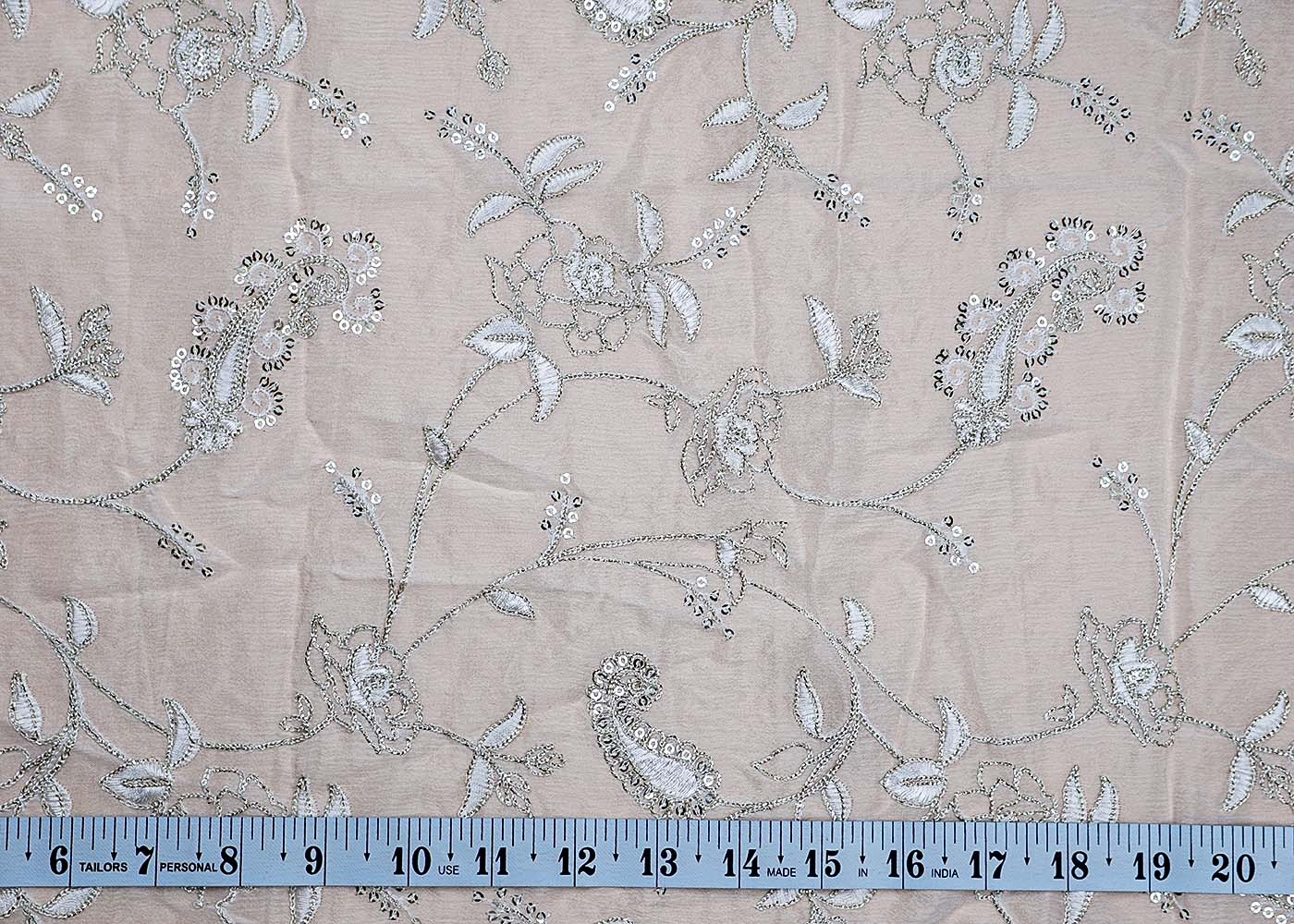(Pre-Cut 2.75 MTR) White Chinon Chiffon Fabric With All Over Thread Zari And Sequins Work 17745