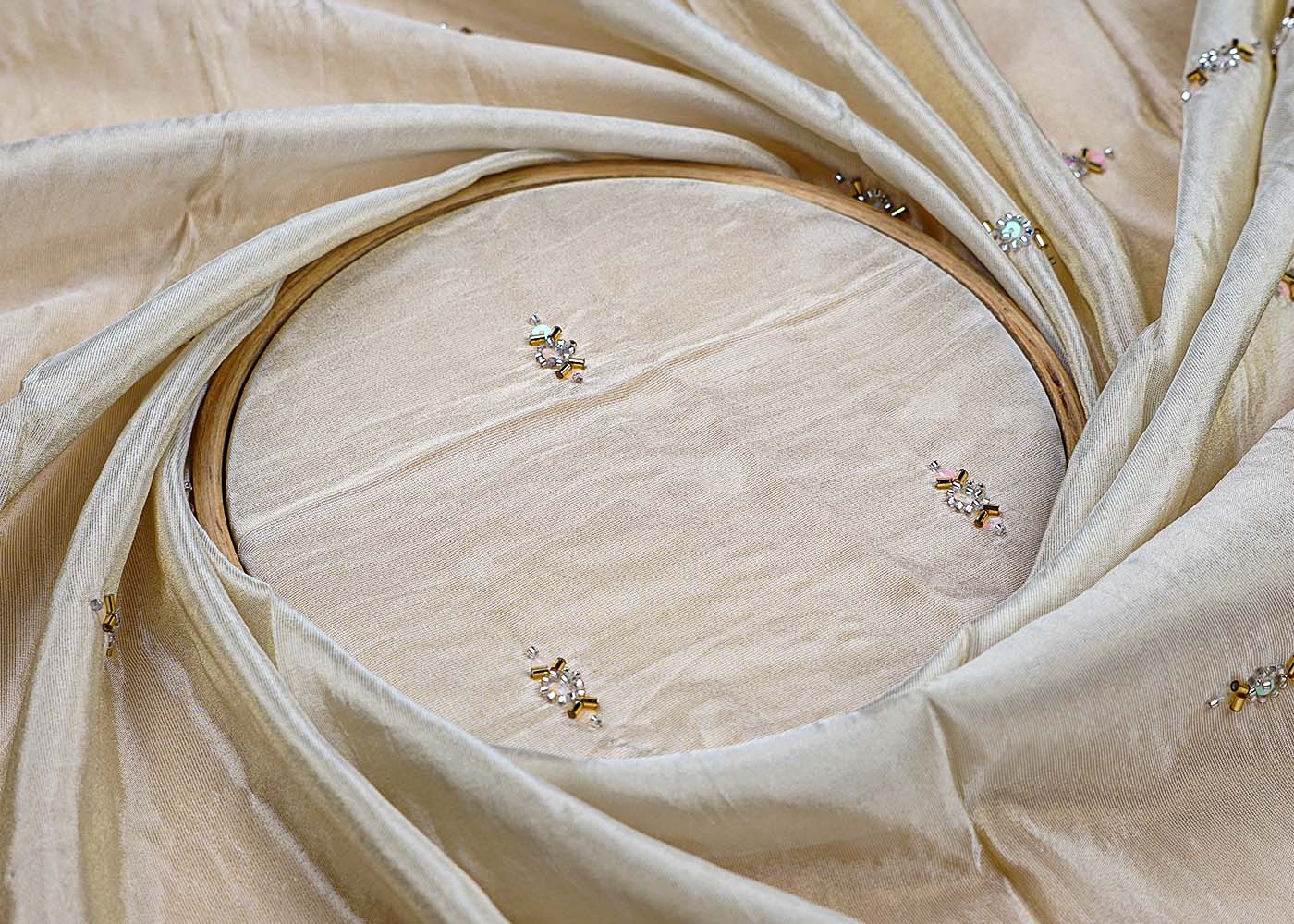 ( Pre-Cut 2.6 MTR) Golden Fabric With All Over Sequins And Katdana Work 17747