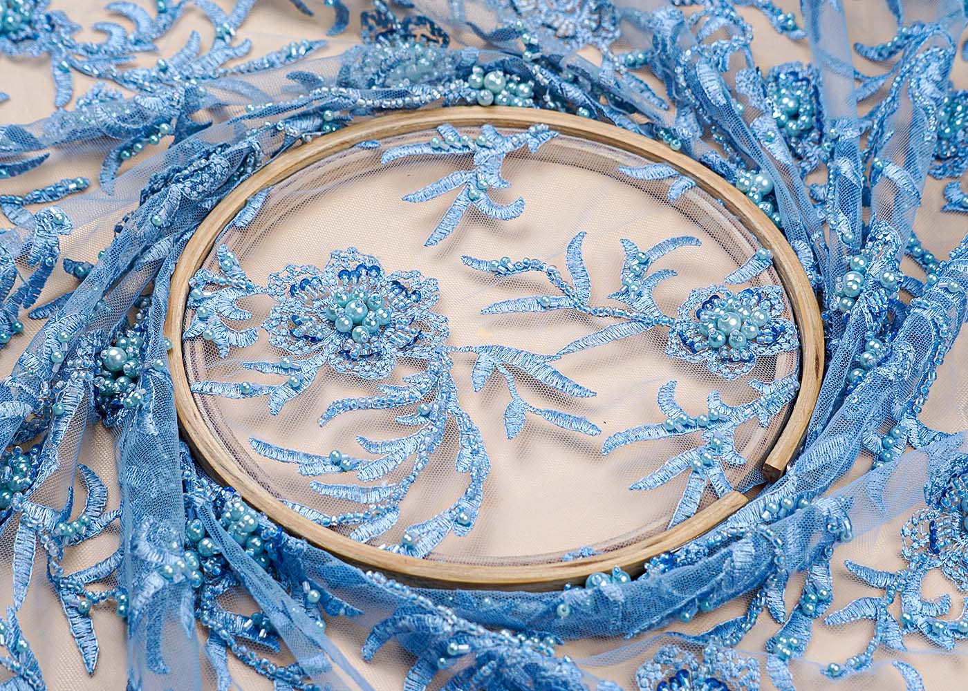 ( Pre-Cut 1 MTR) Powder Blue Fabric With All Over Pearl Bead And Thread Work With Two Side Scalloped Border 17750