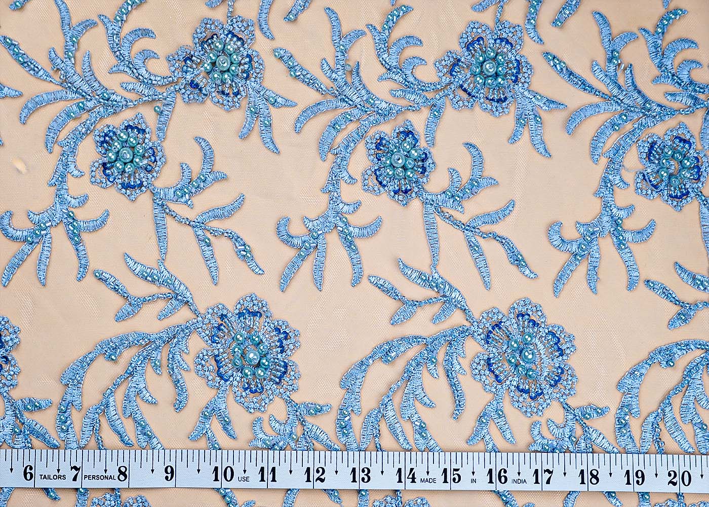 ( Pre-Cut 1 MTR) Powder Blue Fabric With All Over Pearl Bead And Thread Work With Two Side Scalloped Border 17750