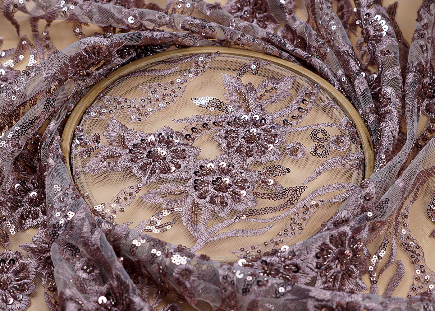 ( Pre-Cut 0.9 MTR) Onion Fabric With All Over Thread Sequins And Bead Work With Scalloped Edges 17754