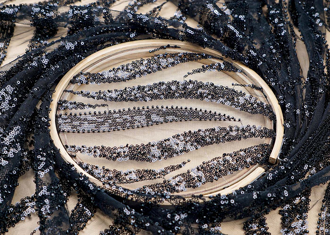 ( Pre-Cut 1 MTR) Black Fabric With All Over Sequins And Bead Work 17756