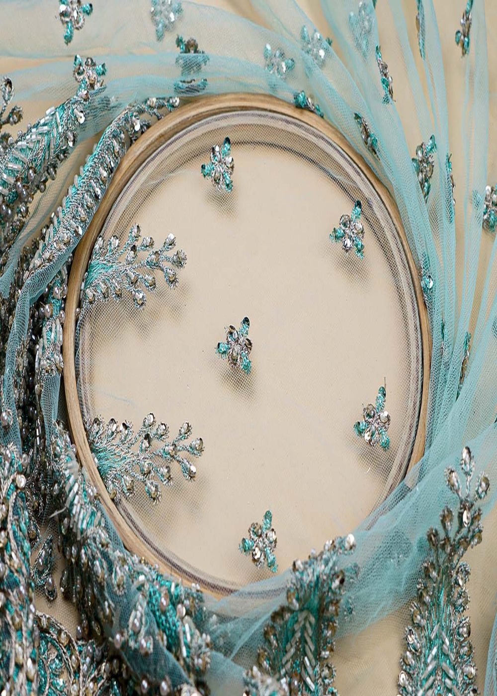 (Pre-Cut-2-MTR)-Aqua-Blue-Fabric-With-All-Over-Golden-Zari-Sequins-And-Bead-Work-17760