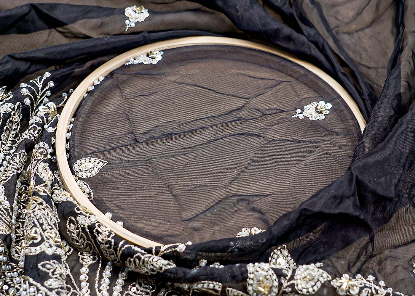 ( Pre-Cut 1 MTR) Black Fabric With All Over Katdana Sequins And Zari Work With One Side Scalloped Border 17761