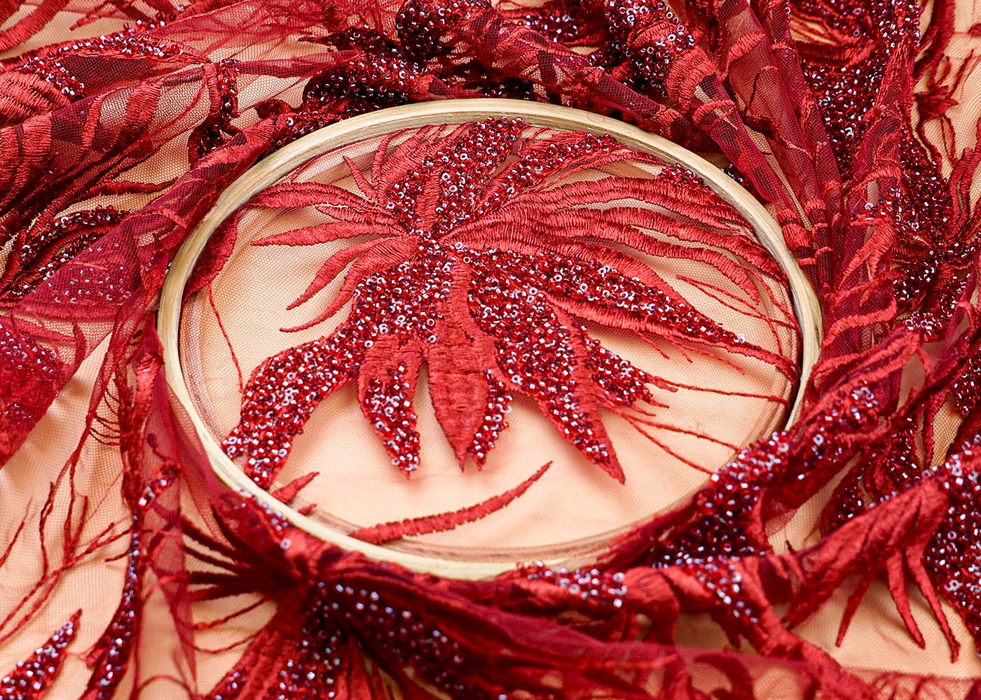( Pre-Cut 1.4 MTR) Marron Fabric With All Over Bead And Thread Work With Two Side Scalloped Edges 17763