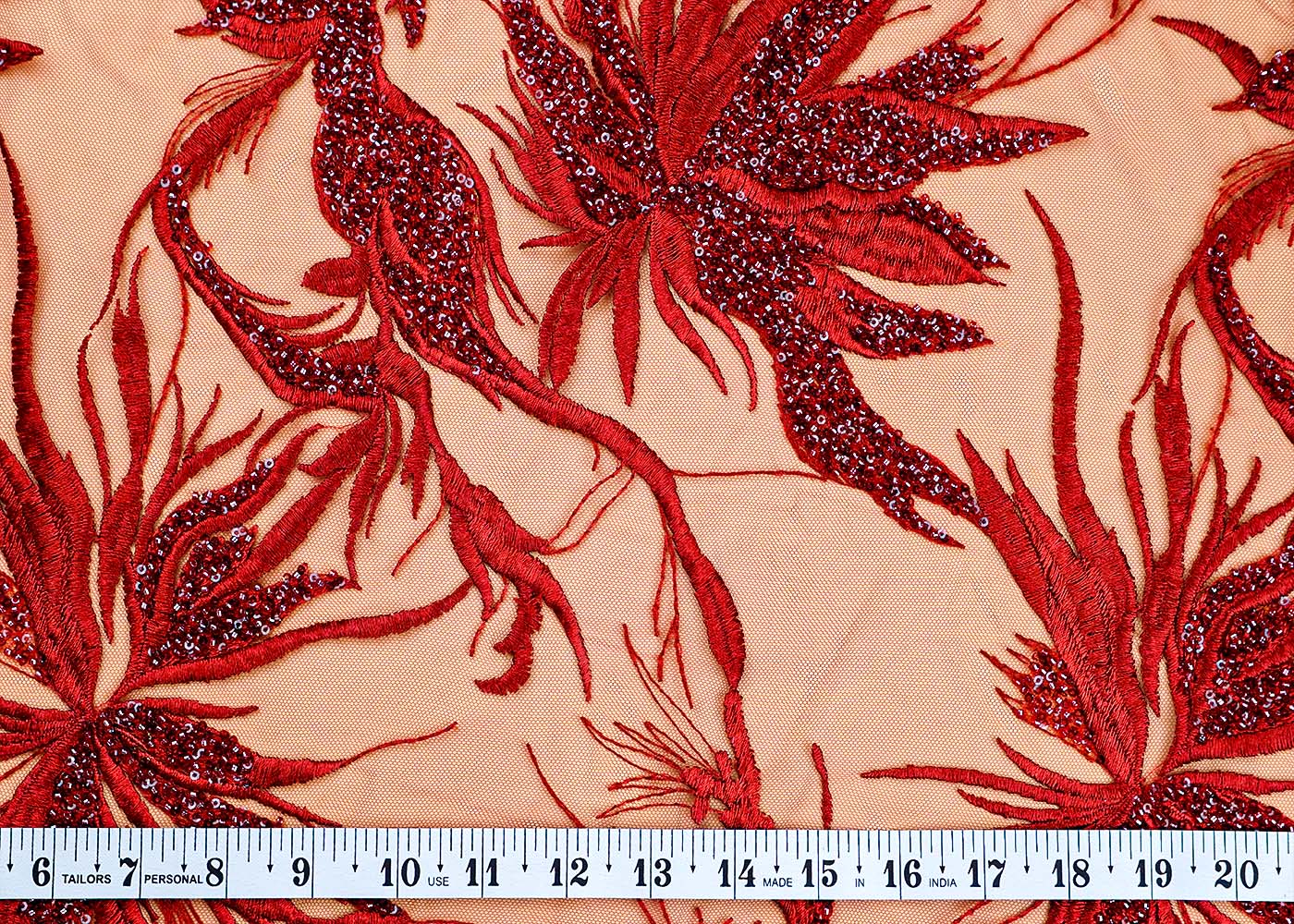( Pre-Cut 1.4 MTR) Marron Fabric With All Over Bead And Thread Work With Two Side Scalloped Edges 17763