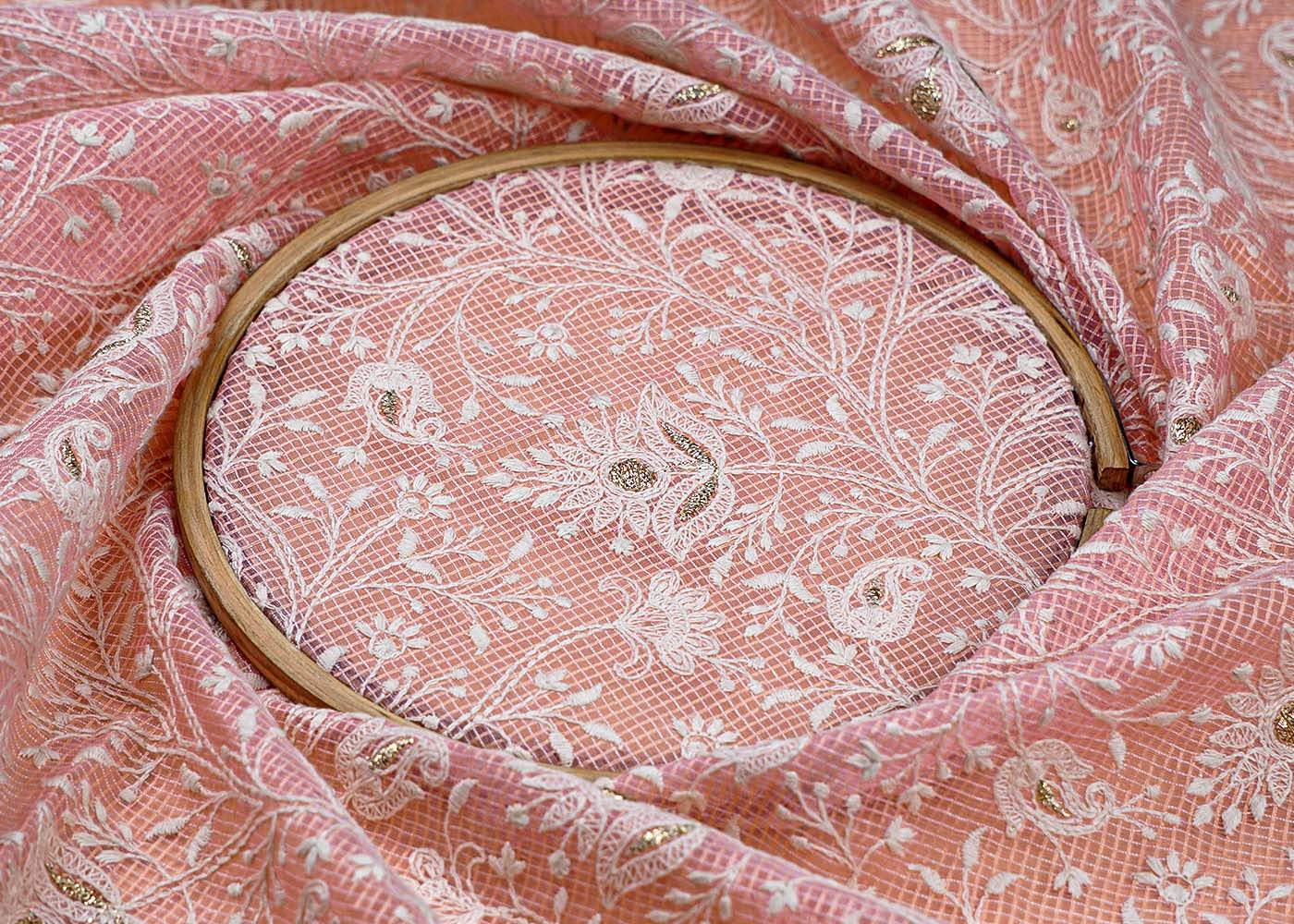 ( Pre-Cut 1.3 MTR) Light Pink Fabric With All Over Kotadoria Work 17766