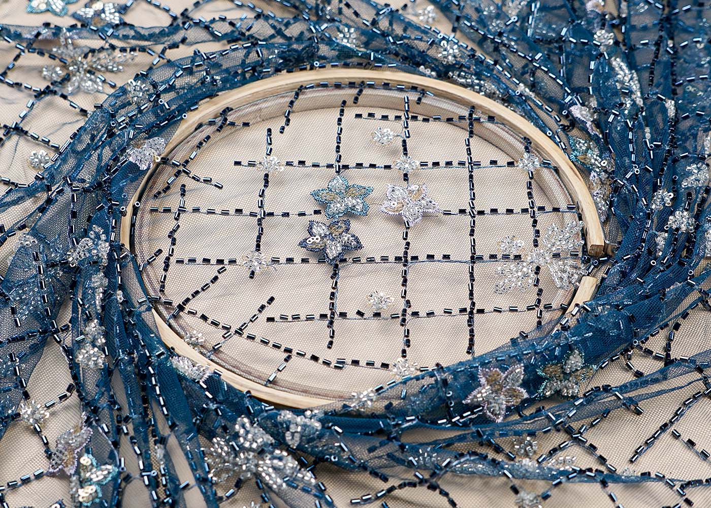 ( Pre-Cut 1.65 MTR) Teal Blue Fabric With All Over Katdana And Sequins Work With One Side Scalloped Border 17783