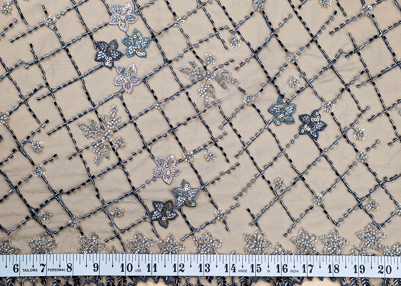 ( Pre-Cut 1.65 MTR) Teal Blue Fabric With All Over Katdana And Sequins Work With One Side Scalloped Border 17783