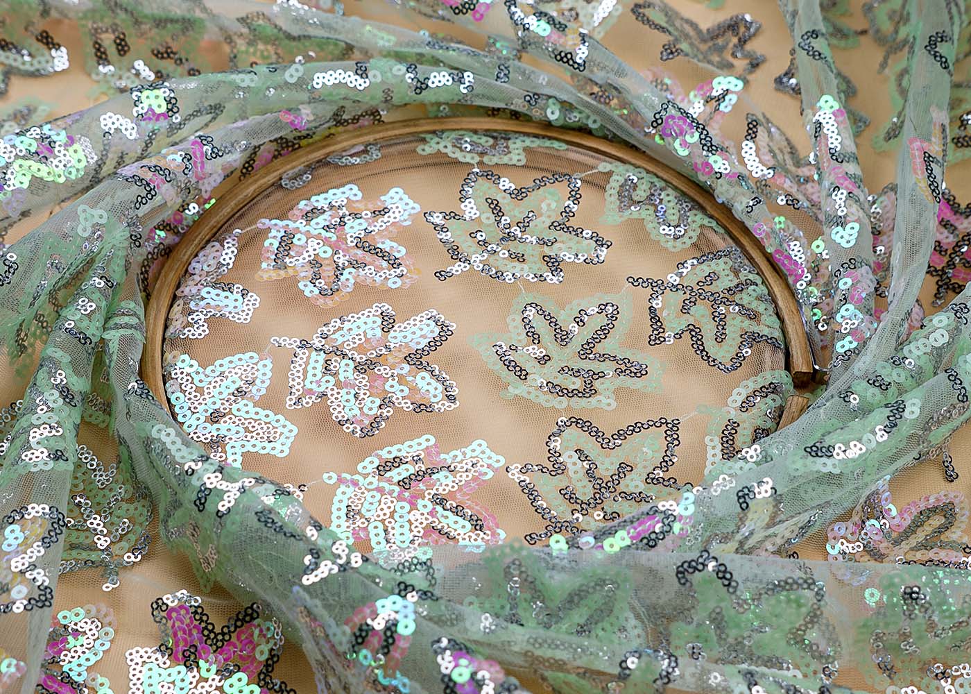 ( Pre-Cut 2 MTR) Mint Green Imported Net Fabric With All Over Sequins Work