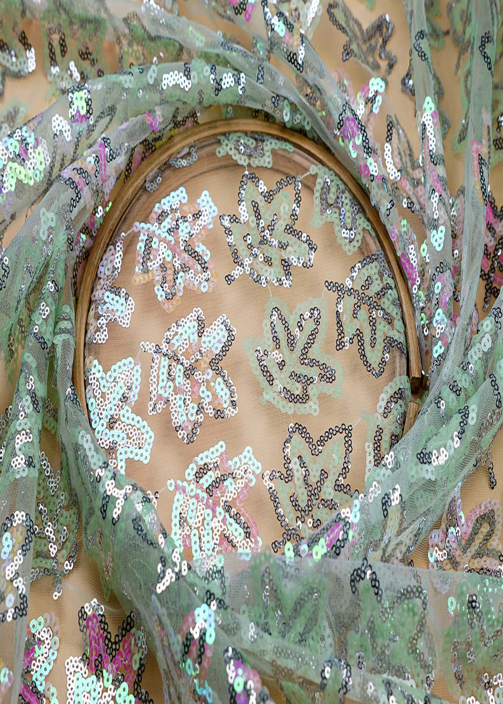 (Pre-Cut-2-MTR)-Mint-Green-Imported-Net-Fabric-With-All-Over-Sequins-Work